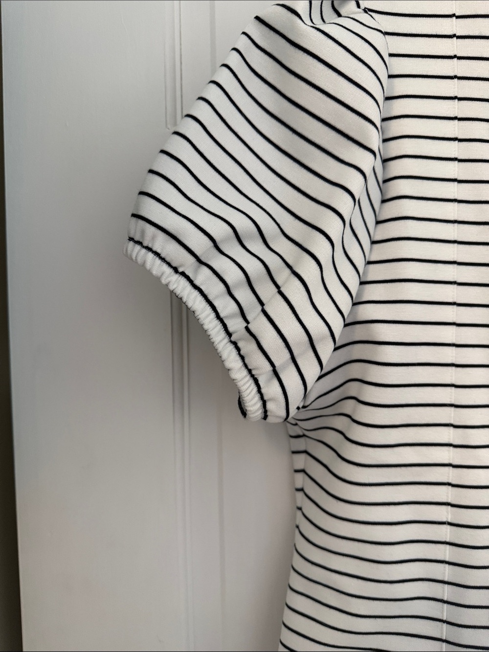 Maeve White Tee with Black Horizontal Stripes and Puff Sleeves - Picture 3 of 5